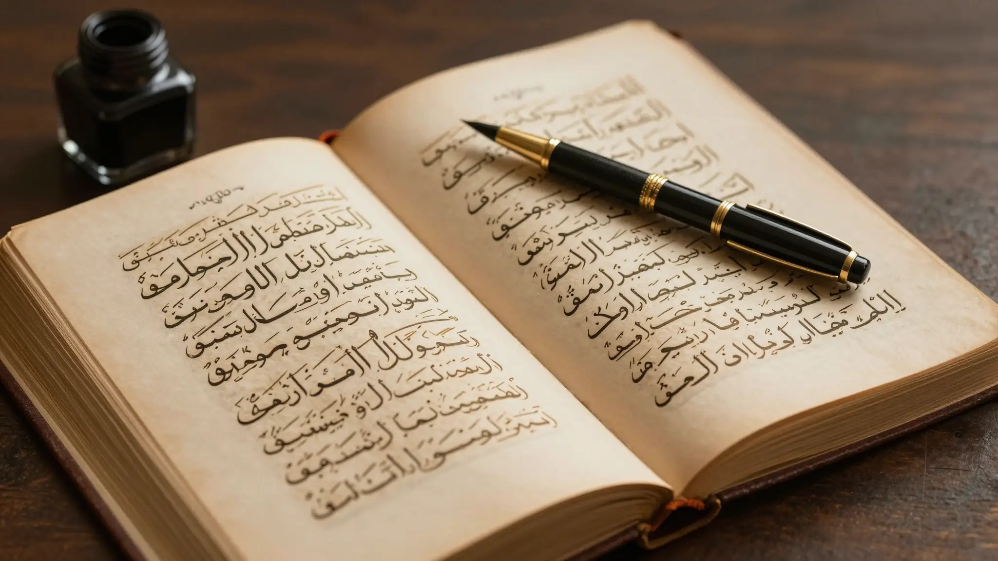 مخطوطة عربية مفتوحة بخط جميل وقلم قصب ومحبرة ترمز إلى اللغة وأنظمة التواصل
